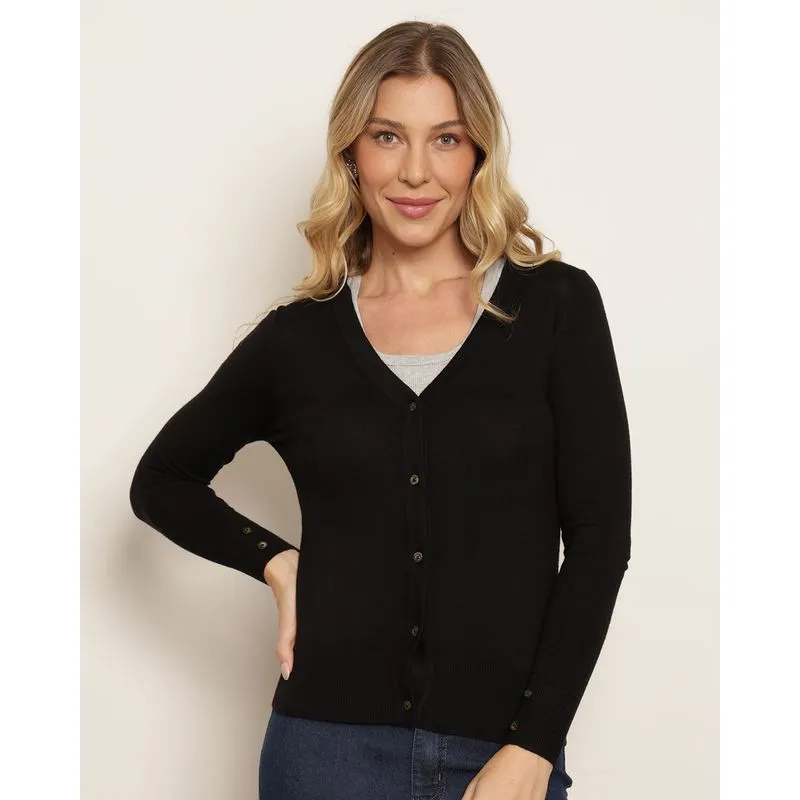 Cardigan Feminino Tricô Com Botões Preto P