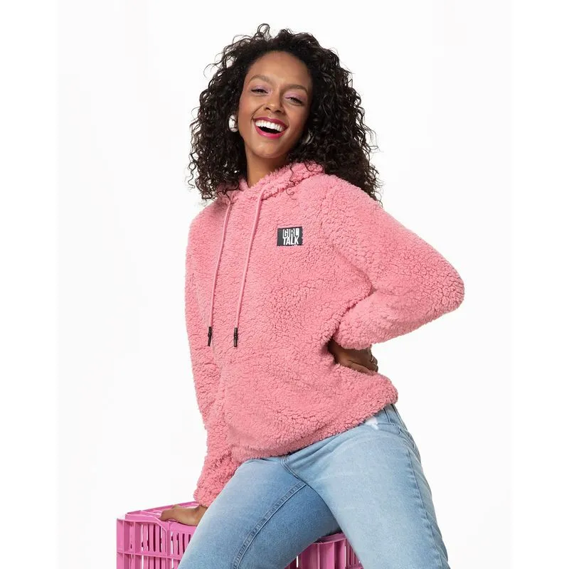 Blusão Feminino Manga Longa Com Bolso Canguru Sherpa Rosa M