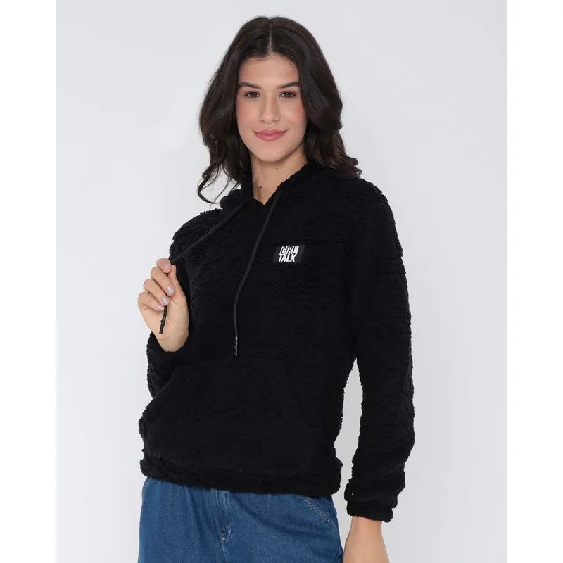 Blusão Feminino Manga Longa Com Bolso Canguru Sherpa Preto G