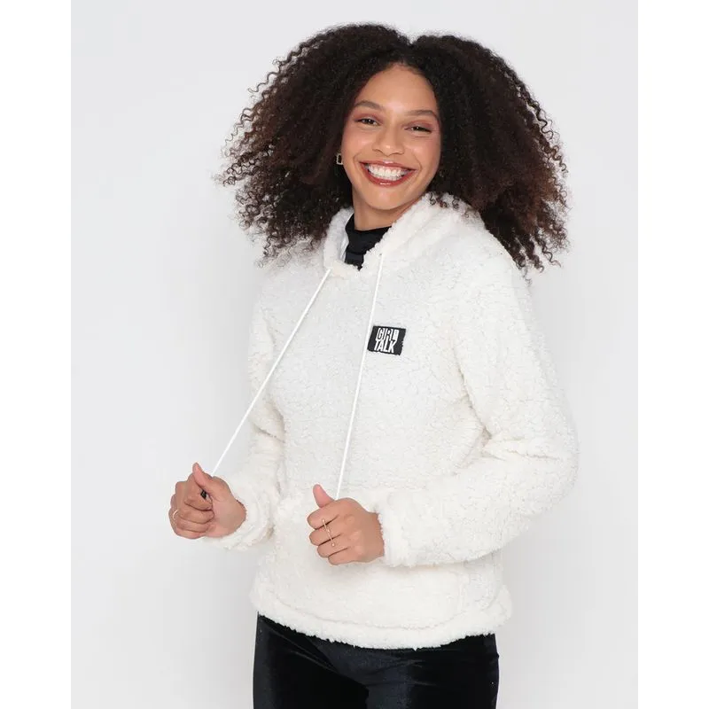 Blusão Feminino Manga Longa Com Bolso Canguru Sherpa Off White G
