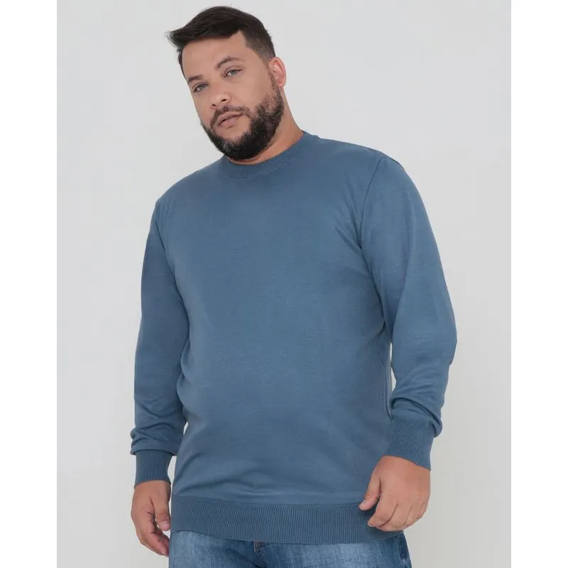 Suéter Tricô Masculino Plus Size Básico Azul Escuro G3