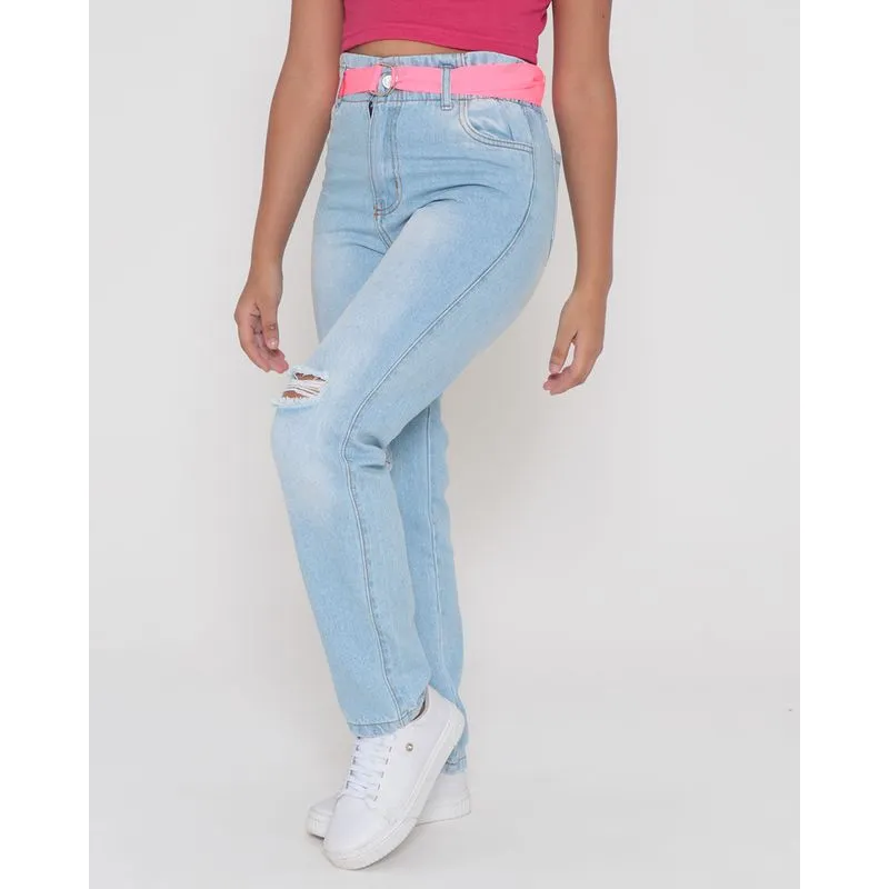 Calça Jeans Juvenil Clochard Destroyed Cinto Neon Azul Claro 14