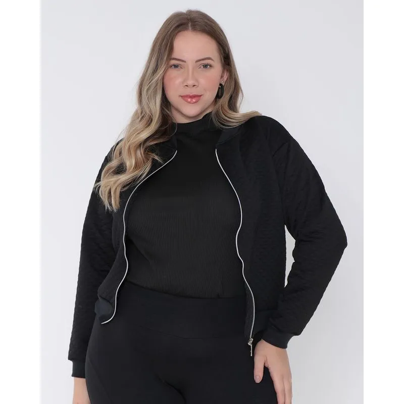 Casaco Feminino Plus Size Matelassê Com Zíper Preto G2
