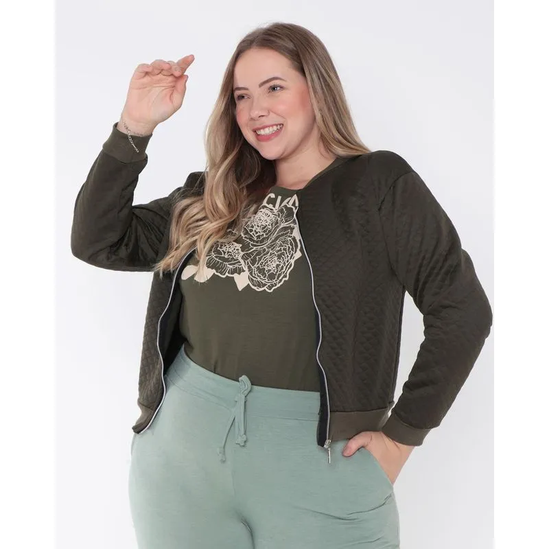 Casaco Feminino Plus Size Matelassê Com Zíper Verde Escuro G2