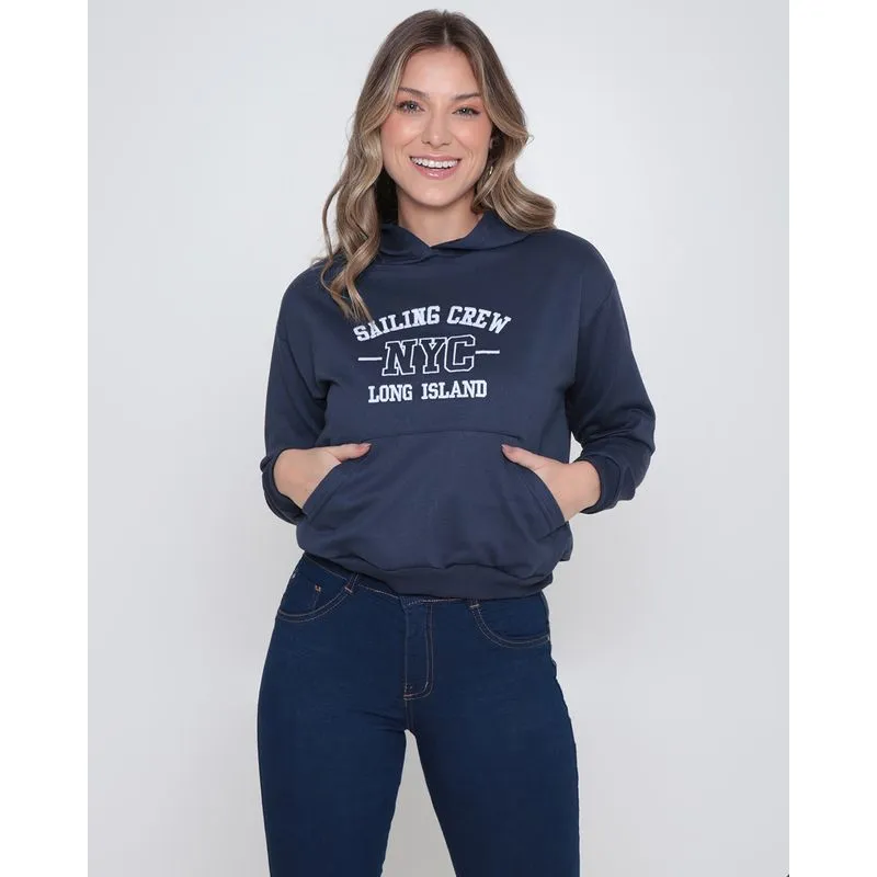 Blusão Moletom Feminino Com Capuz Nyc Marinho GG