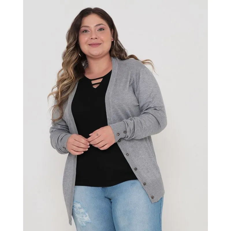 Cardigan Plus Size Feminino Liso Cinza Claro G2