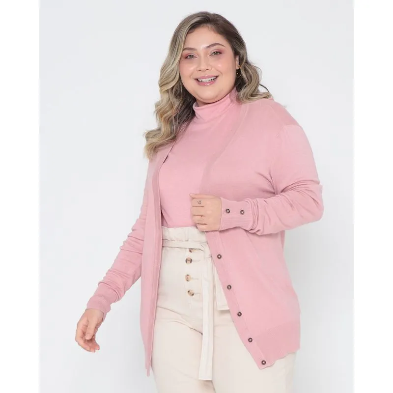 Cardigan Plus Size Feminino Liso Rosa Claro G2
