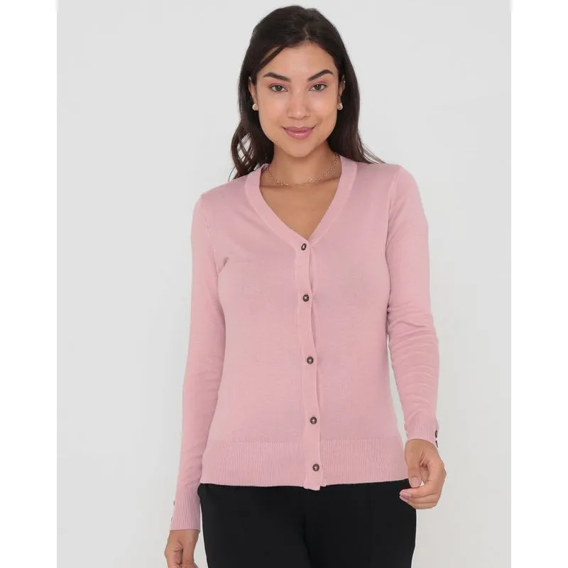 Cardigan Feminino Tricô Manga Longa Decote V Com Botões Rosa GG