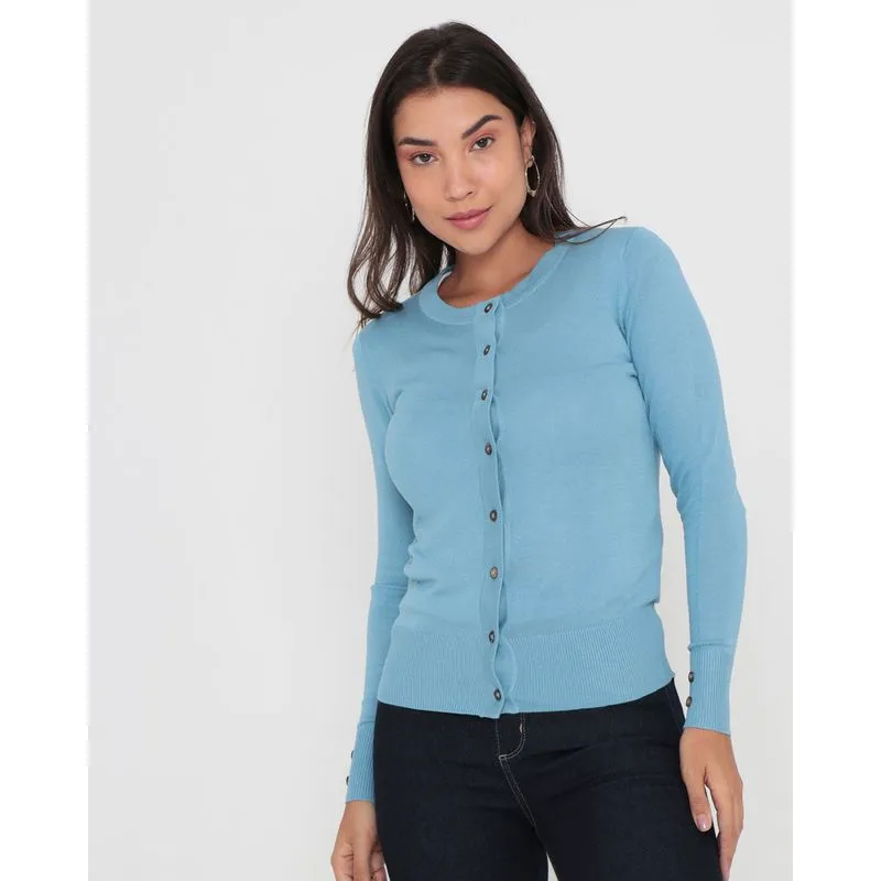 Cardigan Feminino Tricô Com Botões Azul Claro G