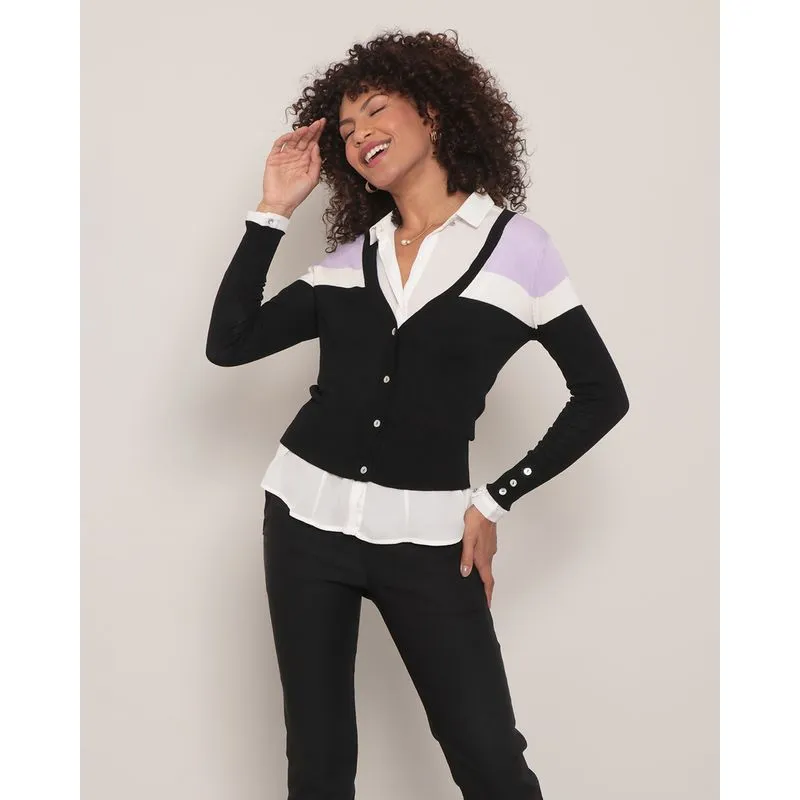 Cardigan Feminino Tricô Com Botões Listrado Preto G