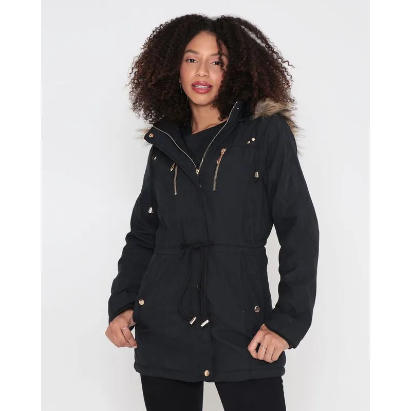 Jaqueta Jeans Feminina Parka Capuz Pelinho Preta GG