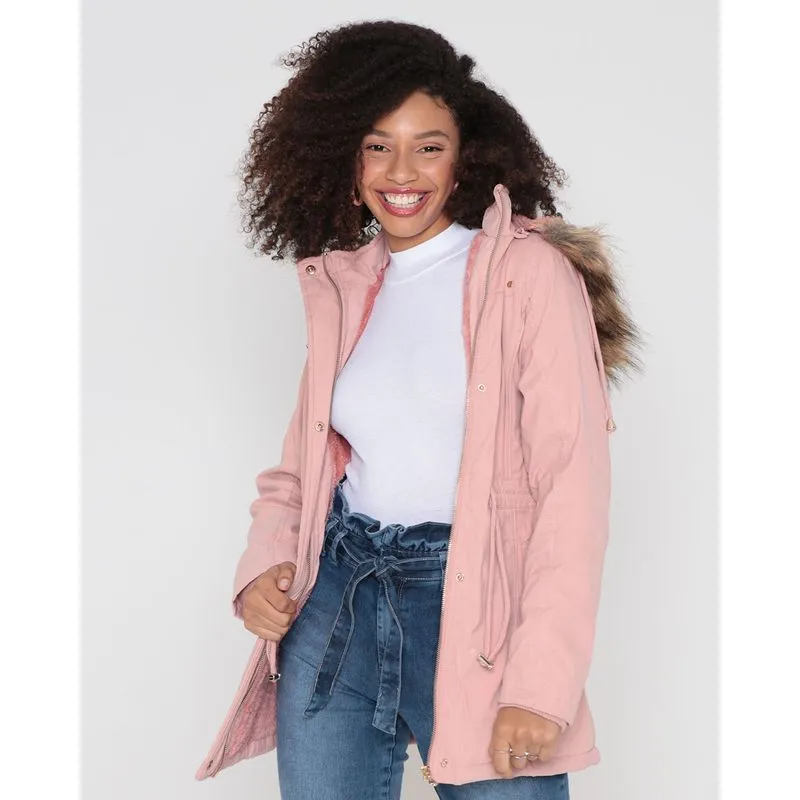 Jaqueta Jeans Feminina Parka Capuz Pelinho Rosa P