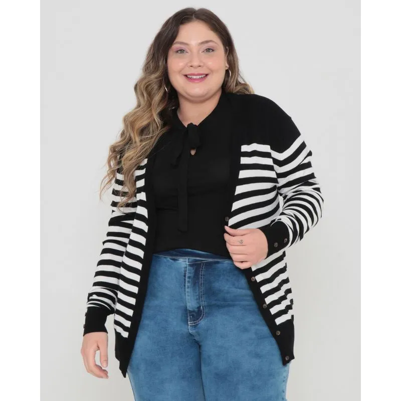 Cardigan Plus Size Feminino Tricô Listras Branco G2