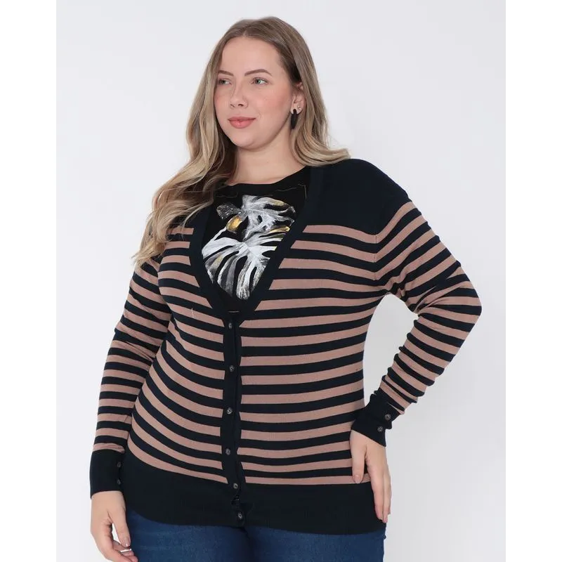 Cardigan Plus Size Feminino Tricô Listras Marrom G1