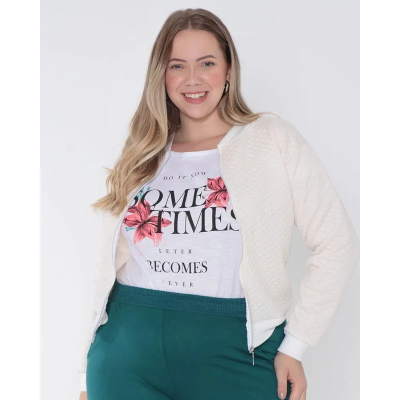 Casaco Feminino Plus Size Matelassê Com Zíper Off White G2