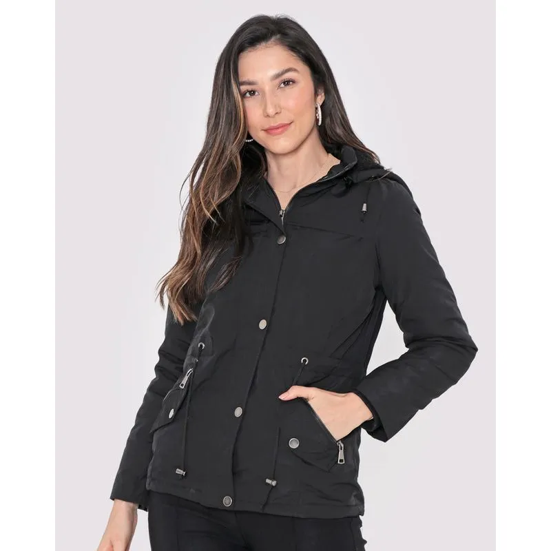 Jaqueta Parka Feminina Capuz Preta GG