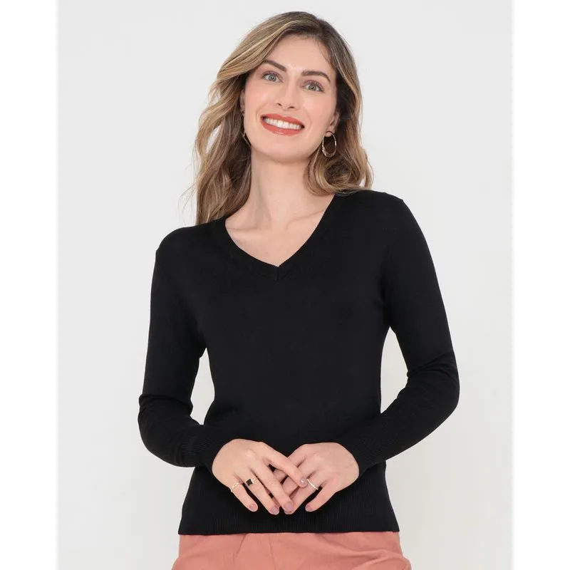 Suéter Tricô Feminino Decote V Preto G