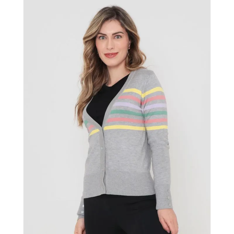 Cardigan Feminino Tricô Listras Cinza GG