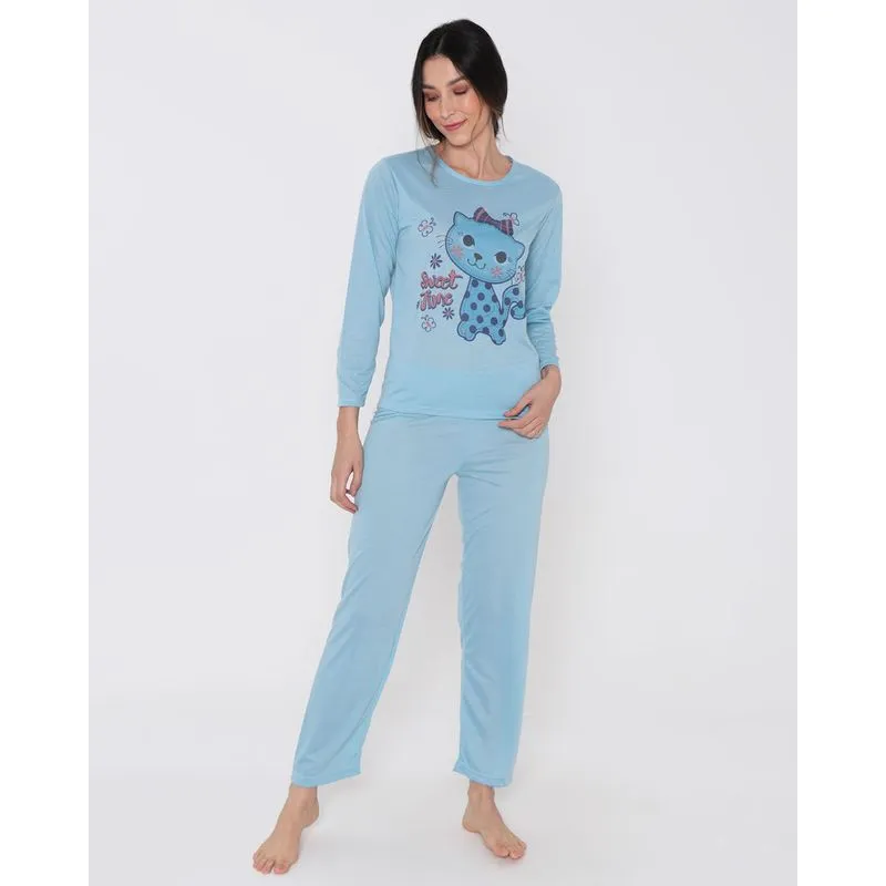 Pijama Feminino Longo Gatinha Sweet Time Azul Claro GG