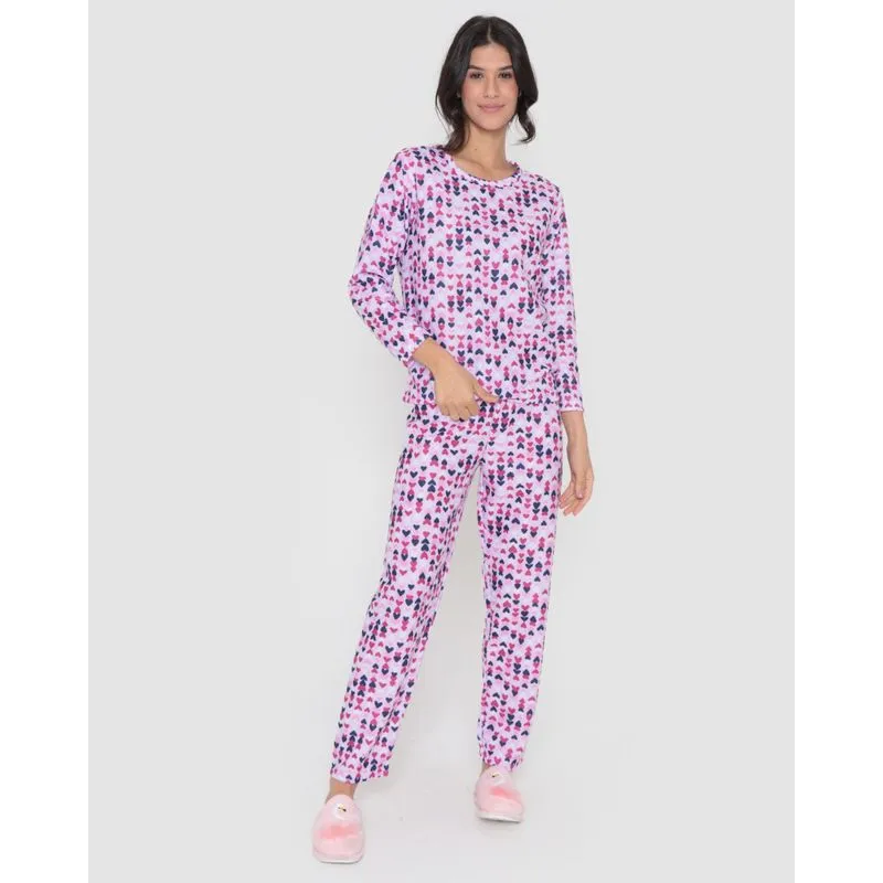 Pijama Feminino Soft Longo Estampa Corações Rosa G
