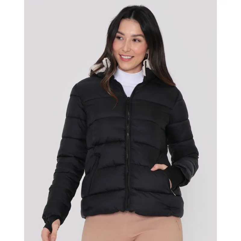Jaqueta Feminina Puffer Capuz Removível Sherpa Preta M