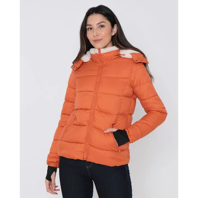 Jaqueta Feminina Puffer Capuz Removível Sherpa Laranja GG
