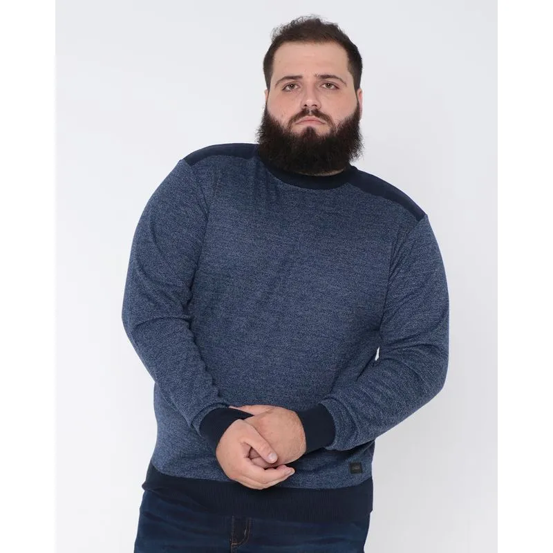 Suéter Masculino Plus Size Tricô Recortes Suede Marinho G1
