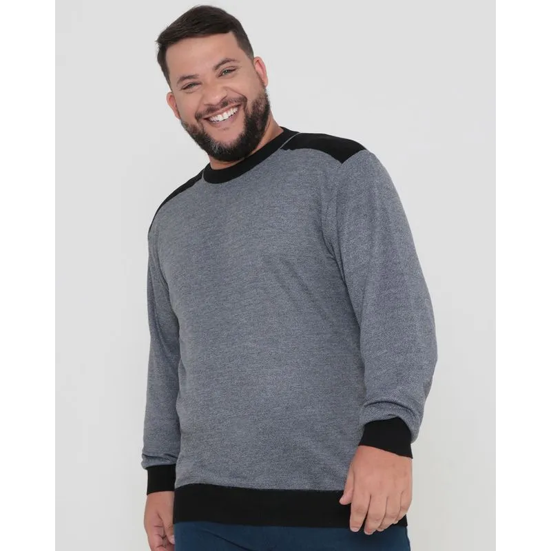 Suéter Masculino Plus Size Tricô Recortes Suede Cinza G3