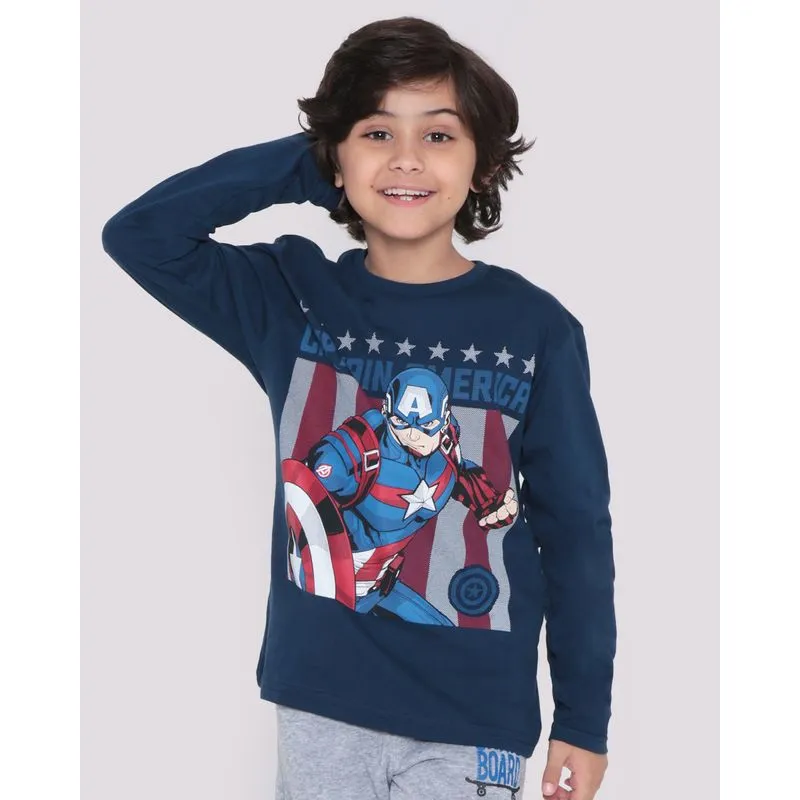 Camiseta Infantil Manga Longa Capitão América Marvel Azul Marinho 8