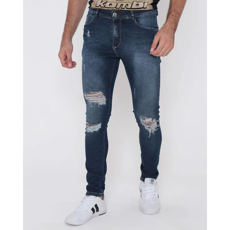 Calça Jeans Masculina Skinny Destroyed Azul Médio 44