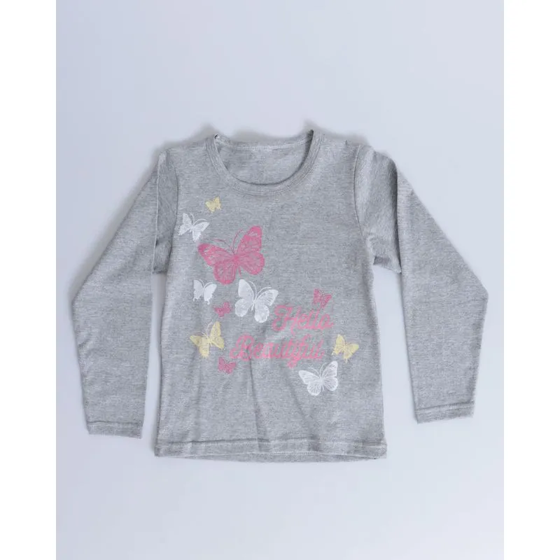 Blusa Bebê Manga Longa Estampa Borboletas Cinza Claro 2