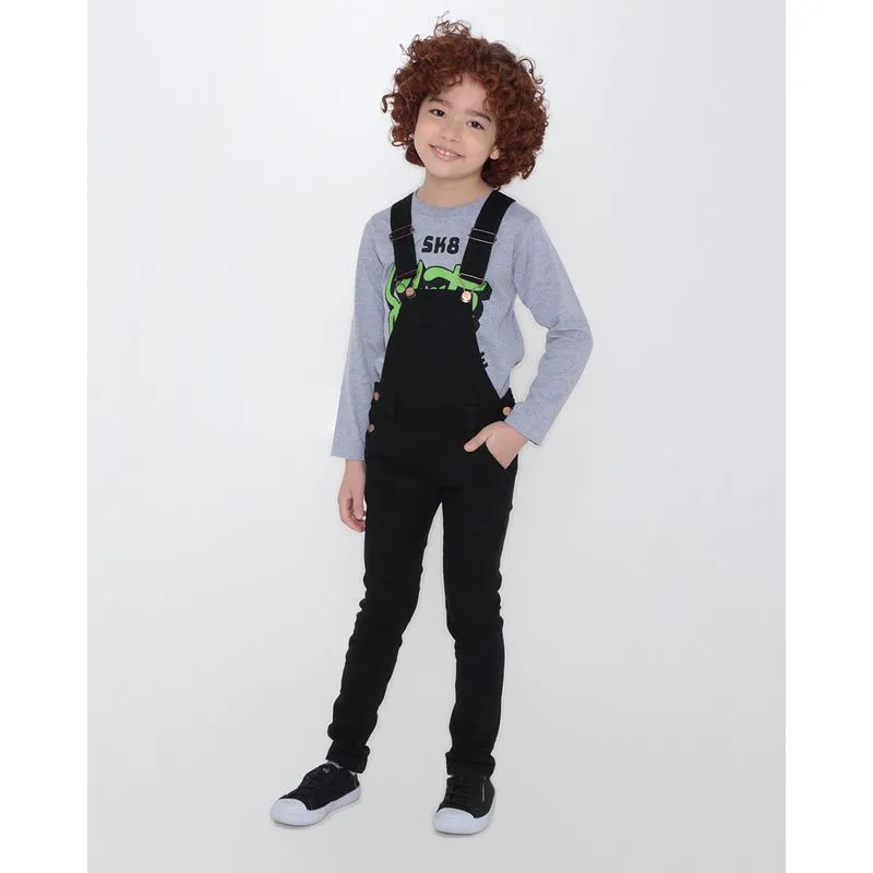 Jardineira Jeans Infantil Alças Ajustáveis Preta 6