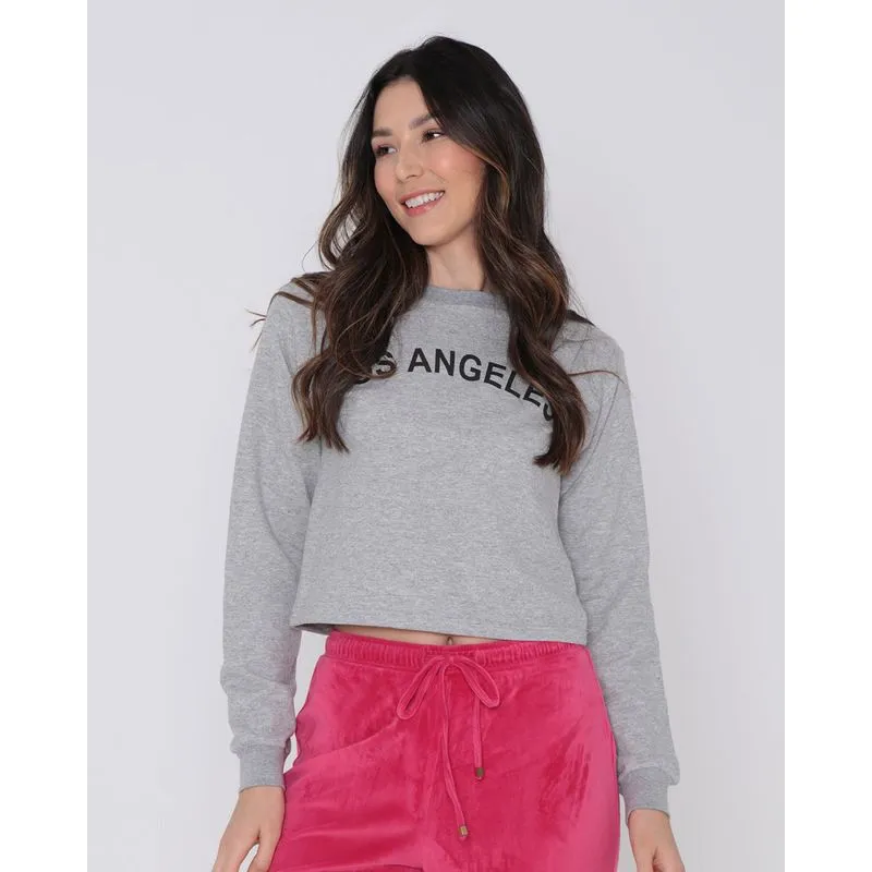 Blusa Feminina Moletinho Cropped Los Angeles Cinza Claro P