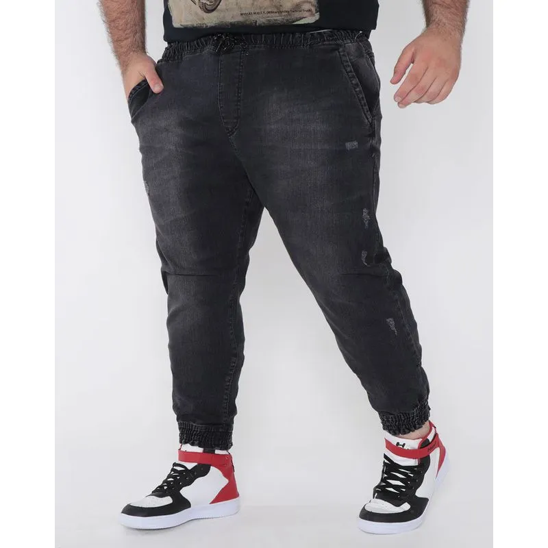 Calça Jeans Masculina Plus Size Puídos Jogger Preta G2