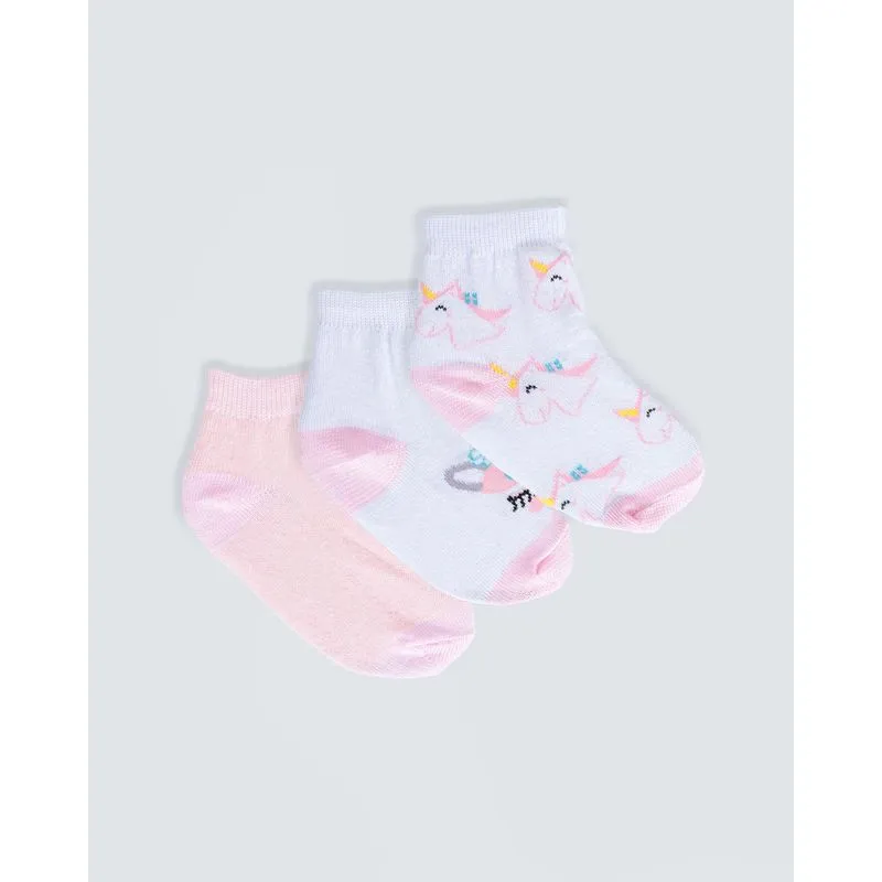 Kit Meia Infantil 3 Pares Estampa Unicórnio Branco Rosa 23 A 26