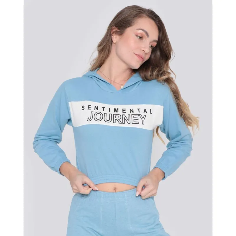 Blusa Feminina Moletinho Cropped Capuz Journey Azul Claro GG