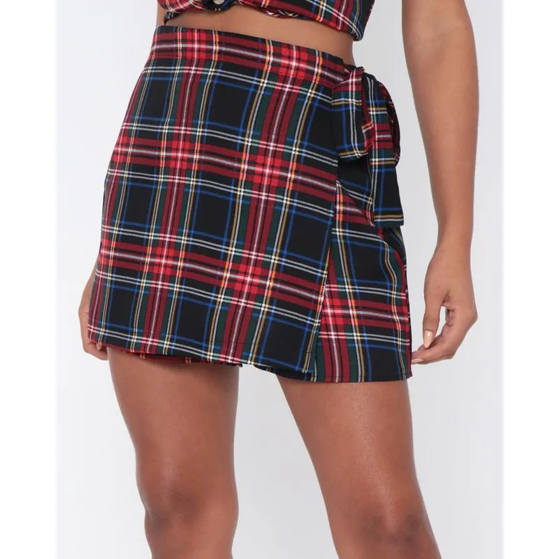 Short Saia Xadrez Com Tira De Amarração Preto G
