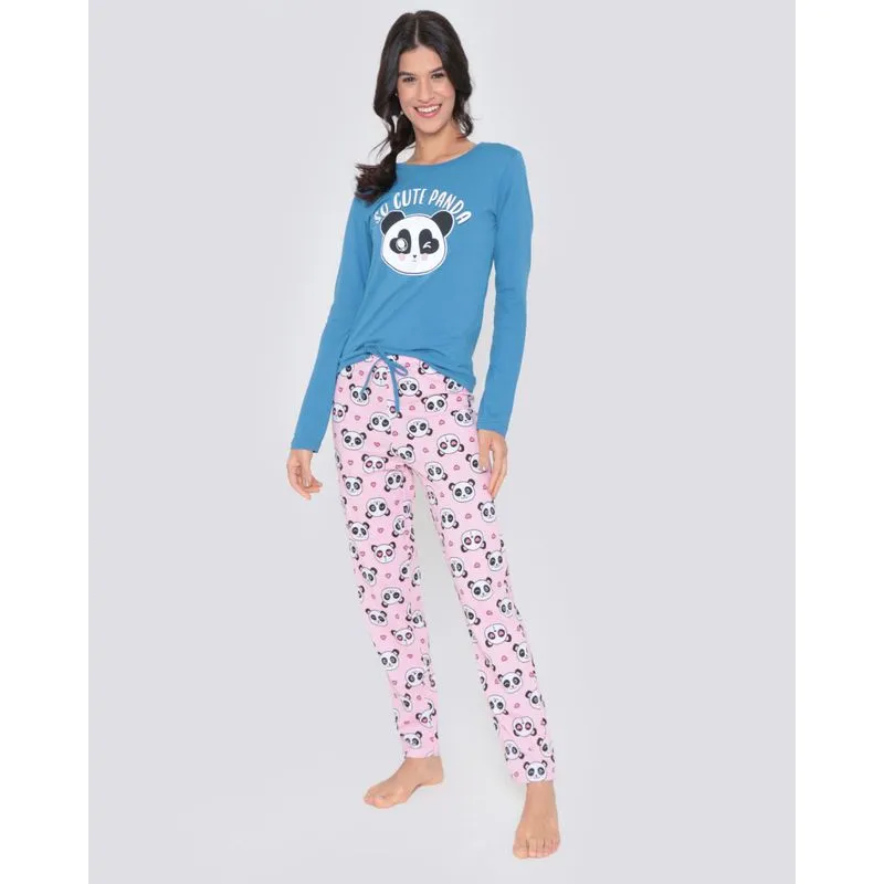 Pijama Feminino Longo Estampa Panda Rosa Azul G