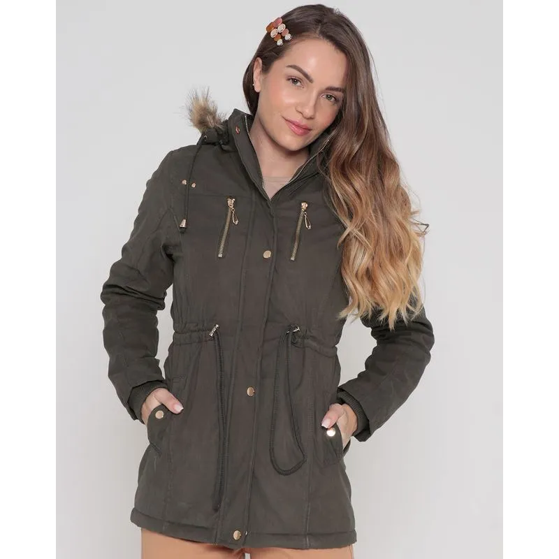 Jaqueta Jeans Feminina Parka Capuz Pelinho Verde M