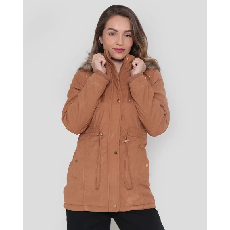 Jaqueta Jeans Feminina Parka Capuz Pelinho Marrom M