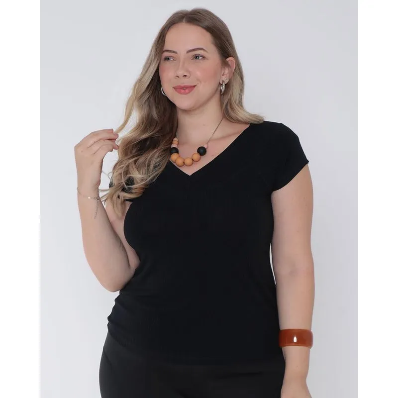 Blusa Plus Size Malha Canelada Gola V Preta G2
