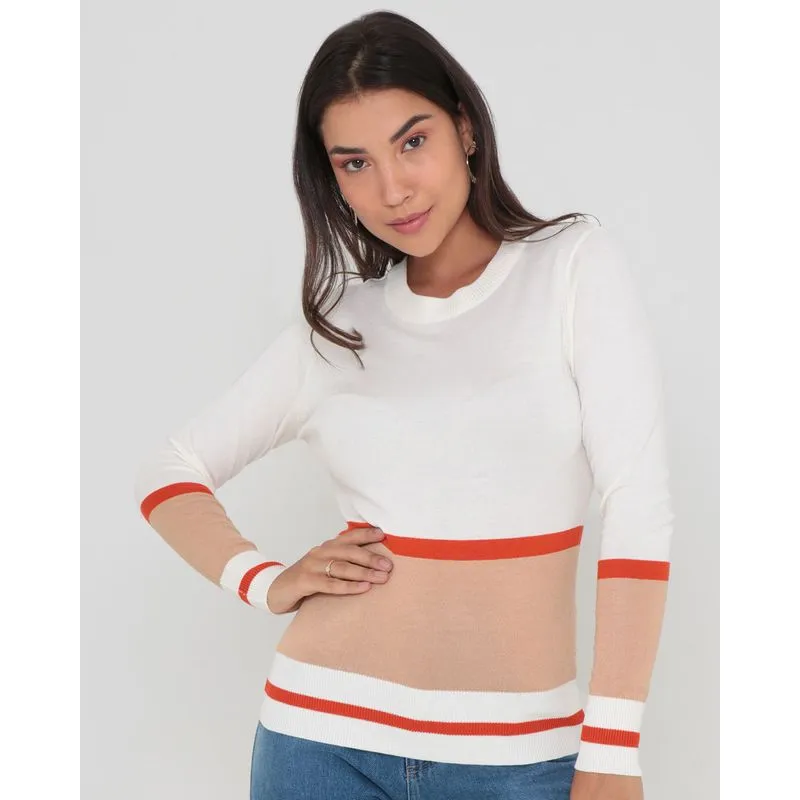 Suéter Tricô Feminino Listrado Off White G
