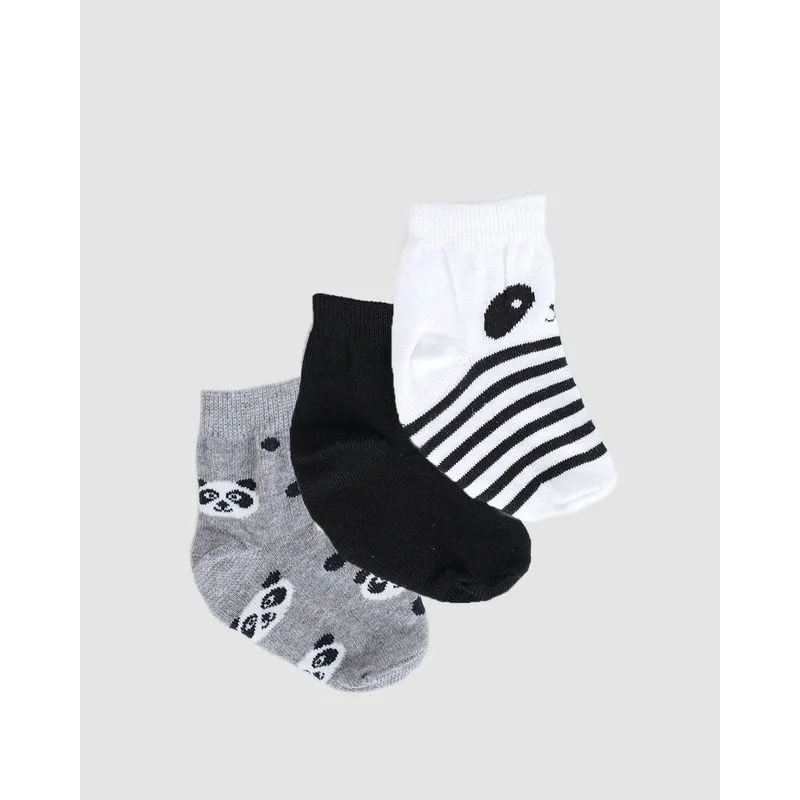 Kit Meia Infantil 3 Pares Estampa Panda Branco Preto Cinza 30 A 33