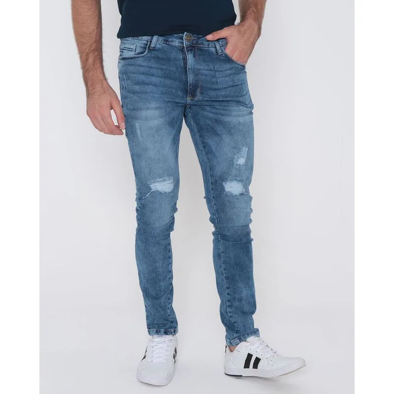 Calça Jeans Masculina Skinny Estonada Azul Claro 44