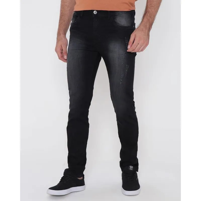 Calça Jeans Masculina Skinny Puídos Preta 48