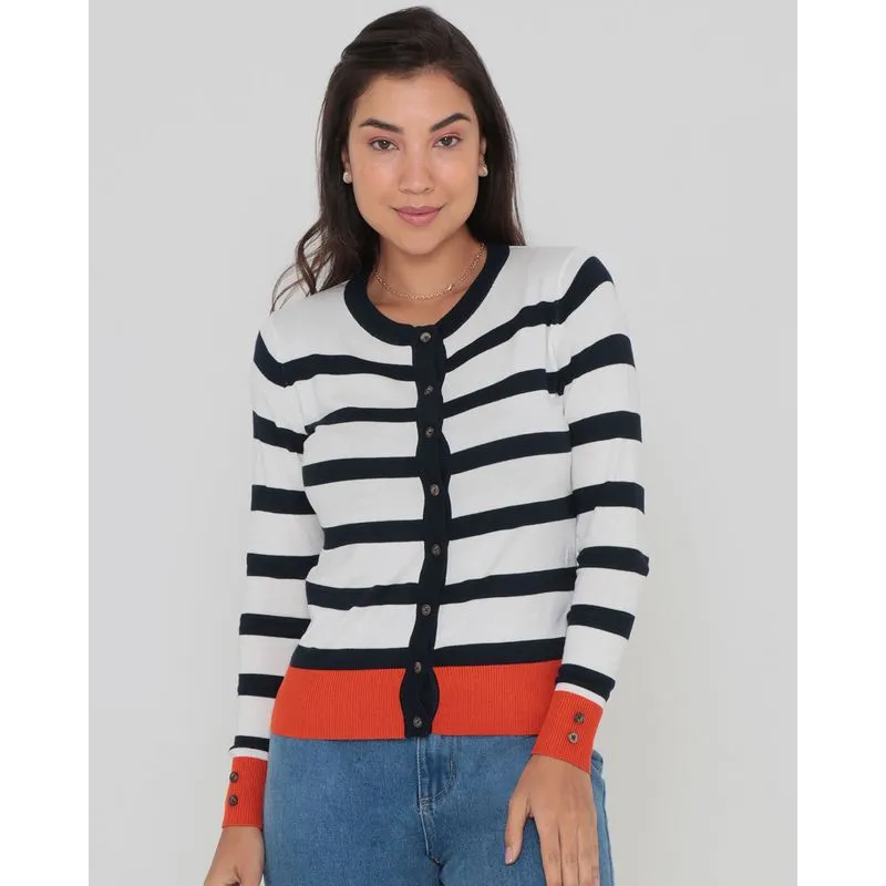 Cardigan Feminino Tricô Listrado Off White G