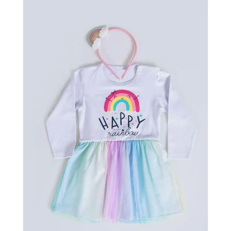 Vestido Bebê Com Brinde Tiara Arco-íris Branco G