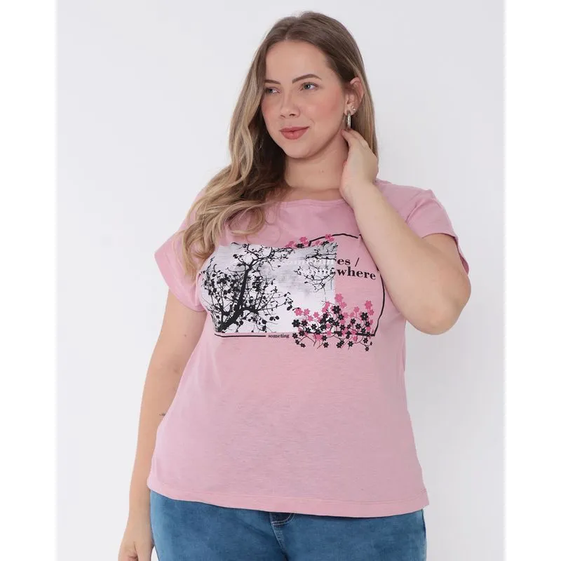 Blusa Plus Size Estampa Floral Rosa Claro G1