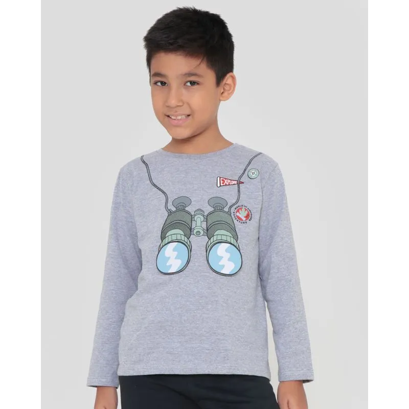 Camiseta Infantil Manga Curta Binóculos Dino Cinza Claro 4