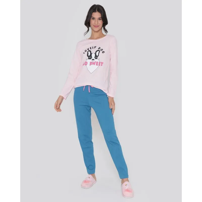 Pijama Feminino Longo Estampa Lovely Dog Rosa Claro G